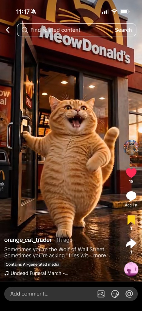 Orange cat walking out of MeowDonald's, free