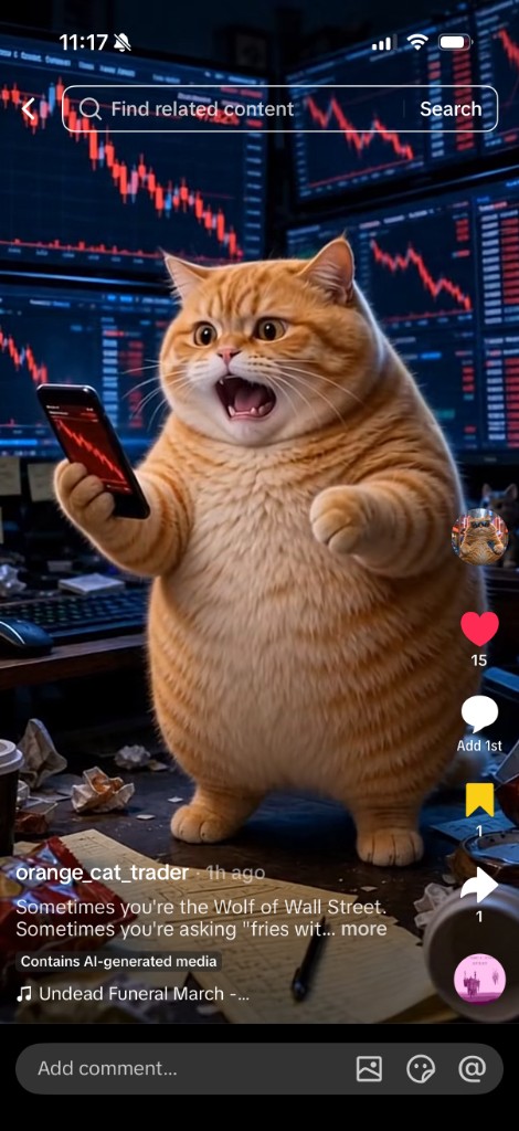 Shocked orange cat looking at red trading screens