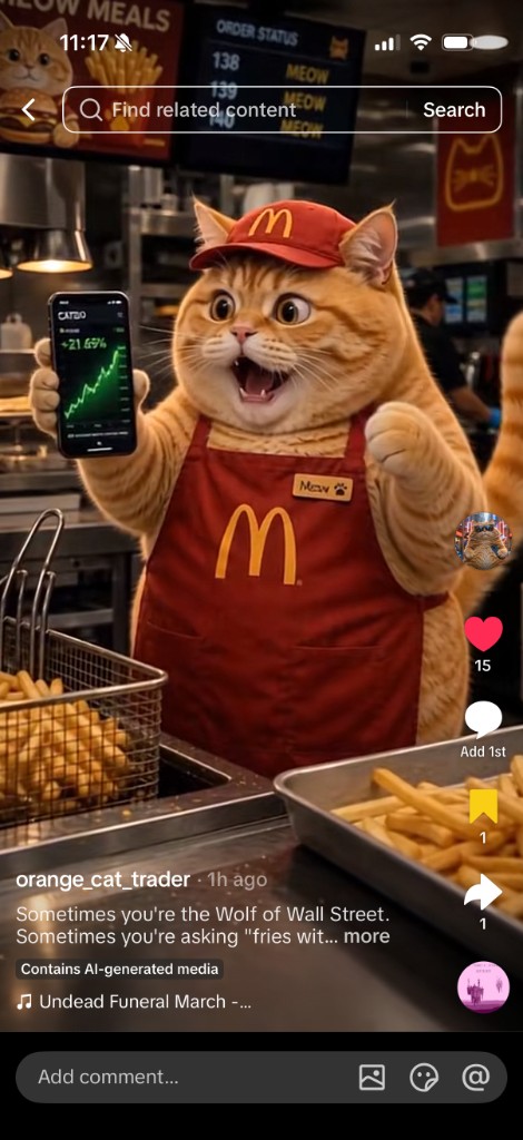 Orange cat trader celebrating a +21.65% green chart on his phone